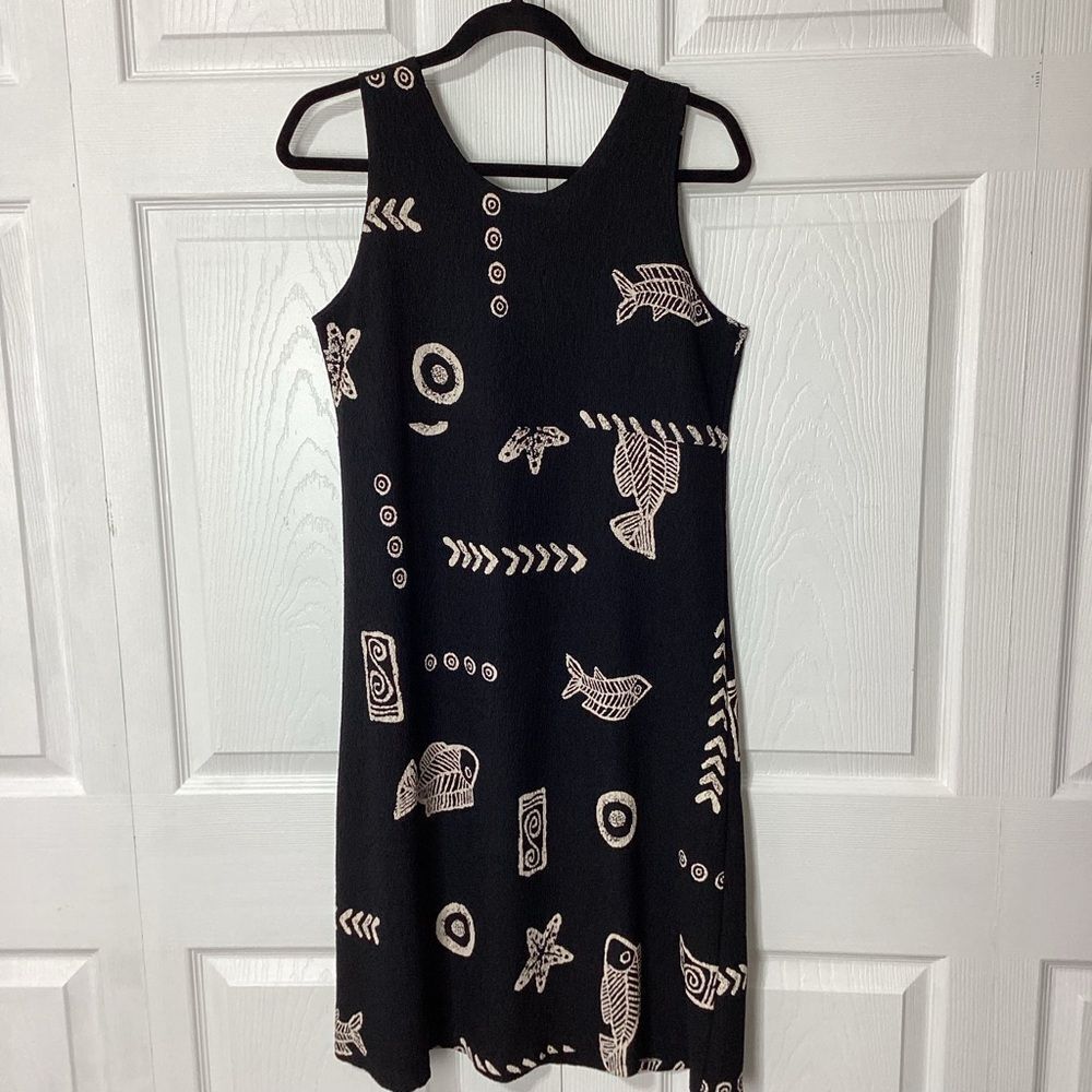 Hawaiian Tropical Print Dress KOWAH Size M Black Cream Gauzy Sleeveless A-Line
